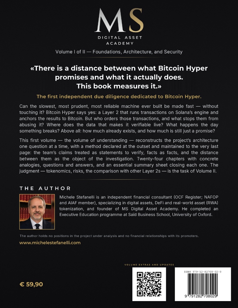 Baksida till « Due Diligence of a Layer 2 – The Bitcoin Hyper Case, Volume I » av Michele Stefanelli